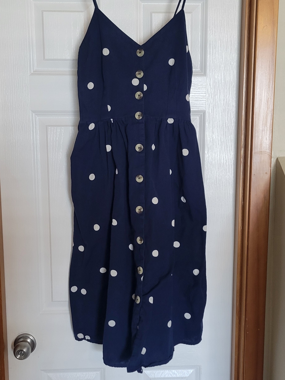Navy Midi Dress with White Polka Dots